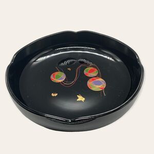 Vintage MCM Unbranded Decorative Bowl Ashtray? Black Gold Butterflies Balls 9"